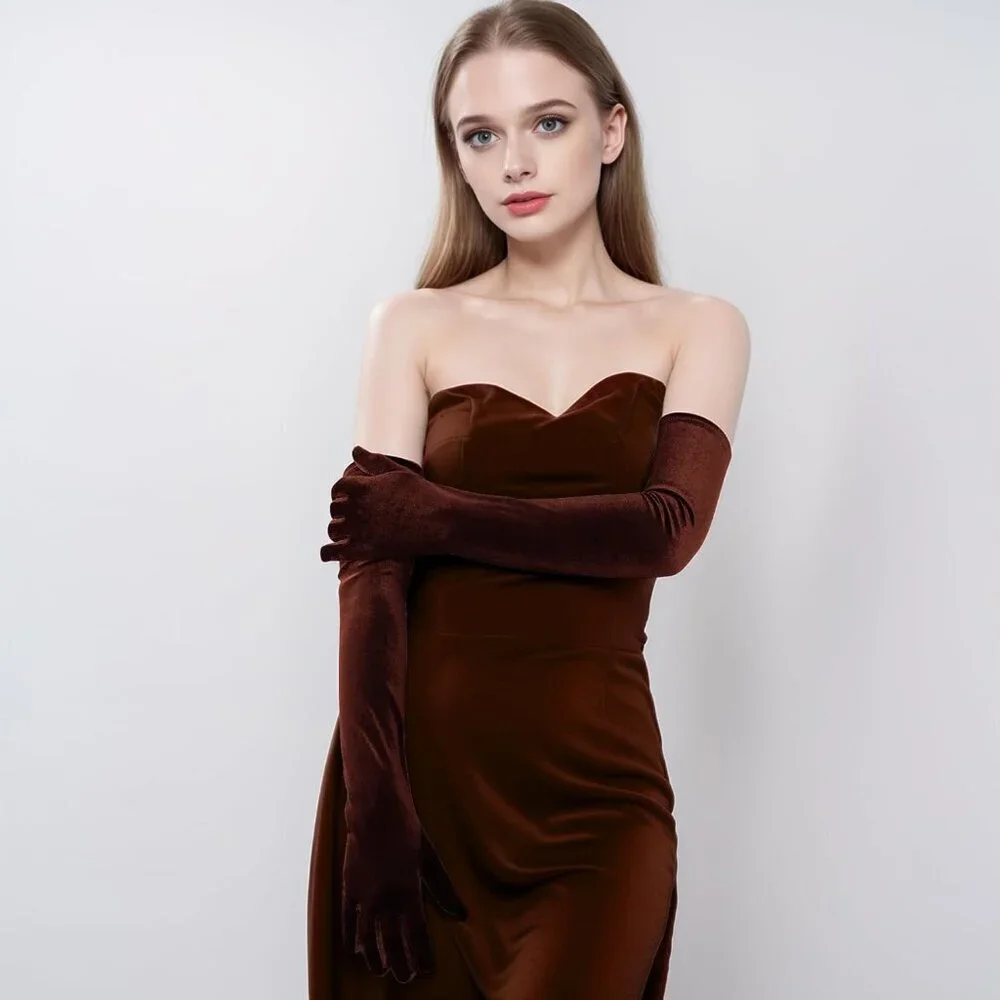 Women's Coffee Velvet Long Gloves Elbow Length Costume Flapper Evening Banquet